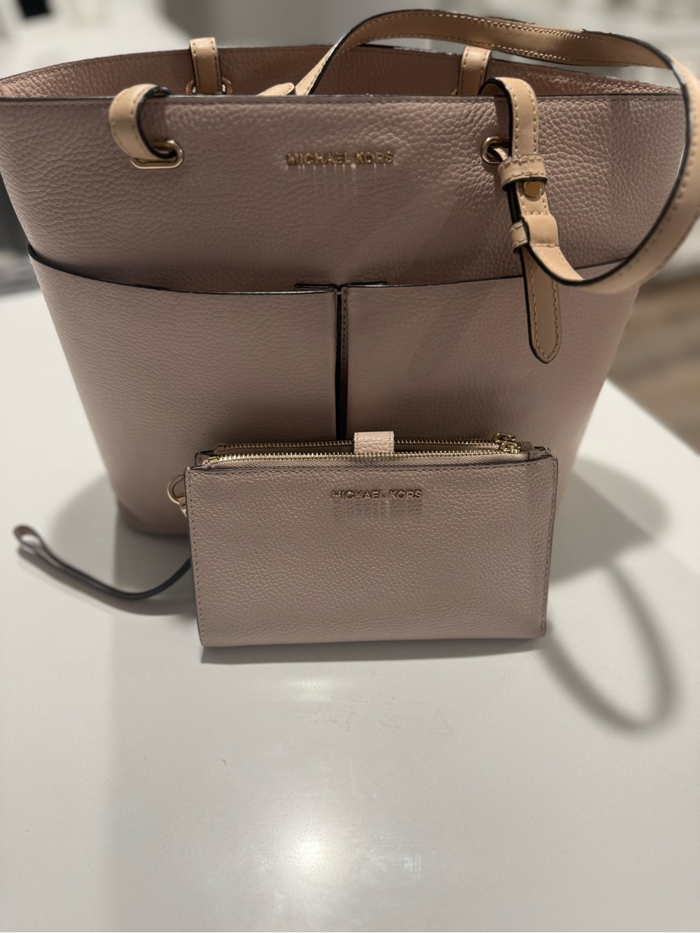 Michael Kors Blush Beige Pebble Leather Tote with Matching Zip Pouch
